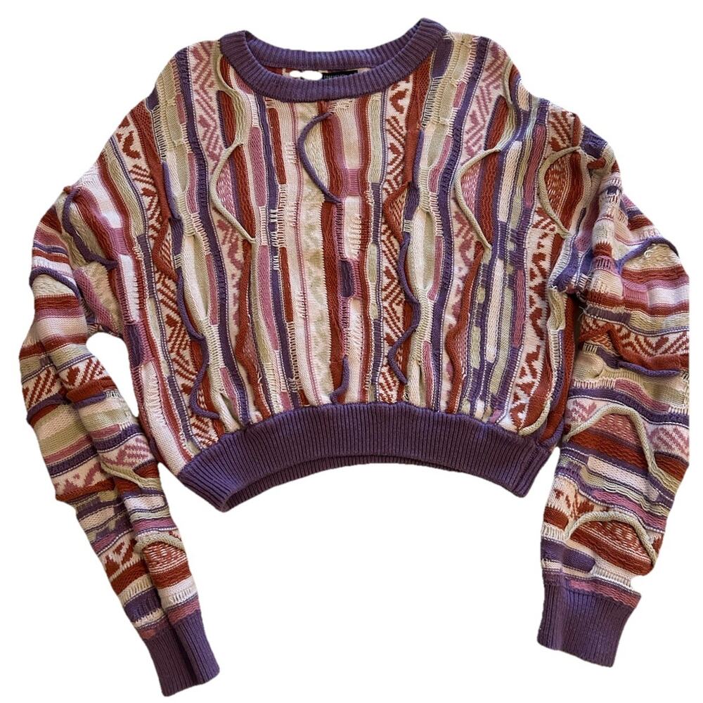 Forever 21 Coogi Style Cropped Sweater Pink Purple 3D Cable Knit‎ Retro Sz Small